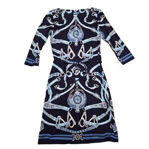 J. McLaughlin Equestrian Dress Women's XS Navy Blue Chain Print Drawstring Waist